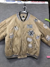 Raw Blue Classics Jacket Mens XL Beige Fleece Snap Bomber Basketball Patches