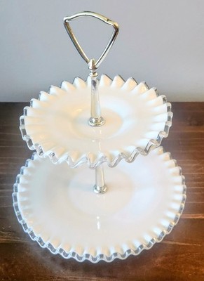 VTG Fenton Silver Crest 2 Tier Tidbit Tray Milk Glass Ruffled Edge Chrome Handle