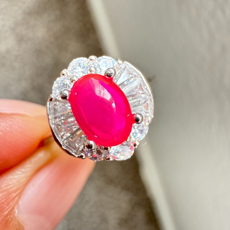 925 Sterling Silver Ring 7x5mm Natural Pink Opal Gemstone Zircon Handmade Flower