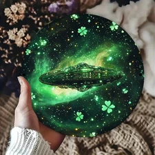 Retro Emerald Green Nebula Spaceship Round Aluminum Wall Art