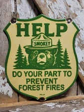 VINTAGE SMOKEY BEAR PORCELAIN SIGN OLD US FOREST SERVICE NATIONAL PARK FIRES 12"