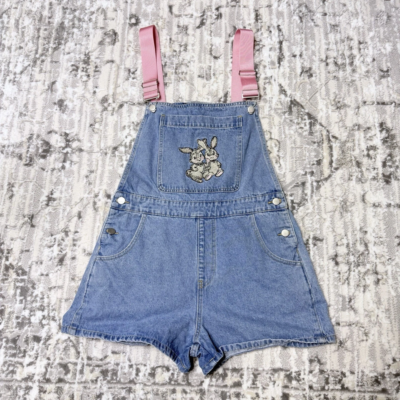 Cider Overall Shorts Women L Blue Denim Bunny Embroidered Pink Straps Romper