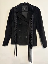 Finity Studio Black Leather Suede Sz 8 Jacket Double Breasted Women’s Scarf