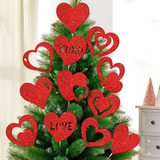 8" Large Valentine's Day Decorations Tree Pick Ornaments 12 Pcs Glitter Red Hea