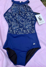 MARIIA SKYE Womens Shirred High Neck Leotard Royal Blue Silver Flowers SMALL
