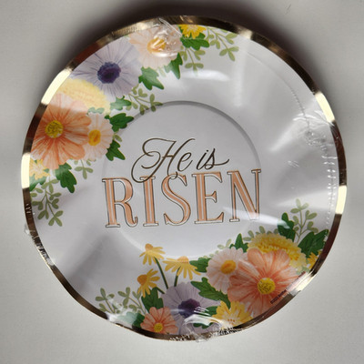 2 Scalloped Plates Easter He Is Risen Snack Disposable Paper Christian Foil