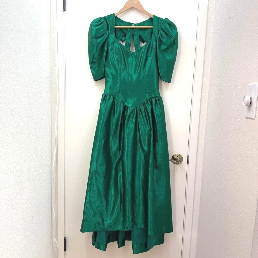 Alfred Angelo Emerald Green Dress Sz XS Satin 80s Christmas Cottage Coquette - Image 2 of 4