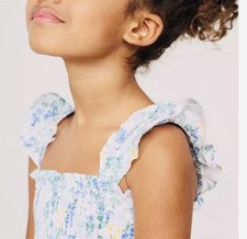 Janie and Jack Girls 2T Floral Ruffle Sleeve Smocked Cotton Dress White Blue