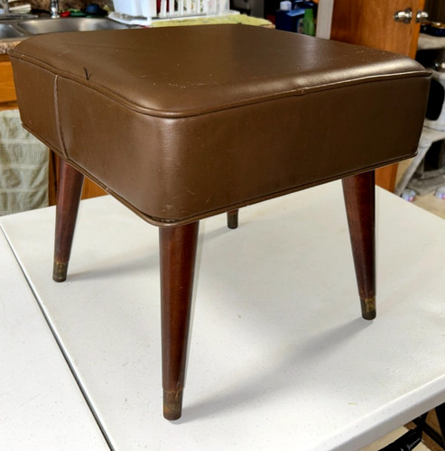 Vintage Brown Vinyl Square Ottoman Footstool, Taper Wood Legs Retro 15"