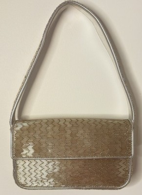 STAUD Tommy Beaded Shoulder Bag Champagne Silver Metallic Evening Bag 