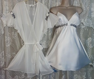 Vtg Design L XL Bridal Snow WHITE Sheer WRAP Peignoir Robe Nightie w Silver trim