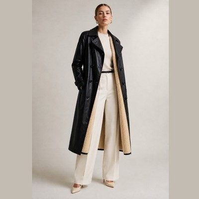 Marc Jacobs Lamb Leather Black Double Breasted Trench Coat Sherpa Long Size S