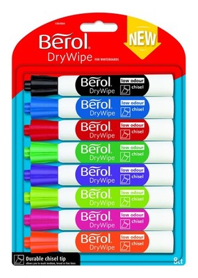 Berol trocken abwischbare Whiteboard Marker Stifte verschiedene Farben Keilspitze 8er Pack