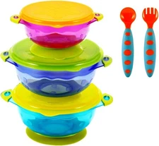 PandaEar Stay Put Spill Proof Stackable Baby Suction 5 Piece Set, 3 Colors 