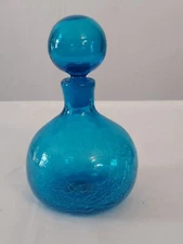 MCM Mid Century BLENKO 636s Art Glass BLUE CRACKLE Turquoise DECANTER w Stopper