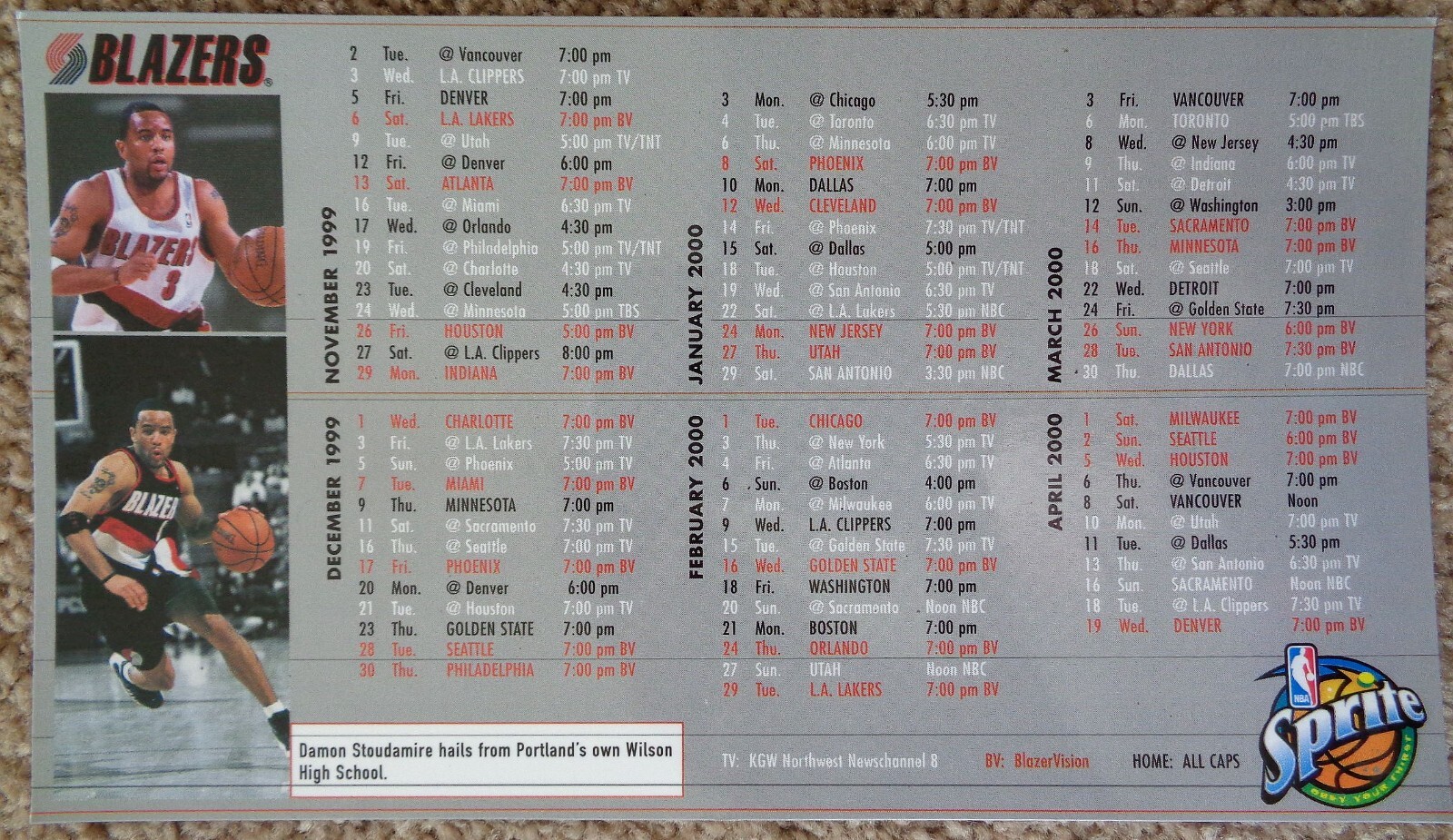 Portland Trailblazers MAGNET SCHEDULE 1999-2000 Blazers SGA DAMON ...
