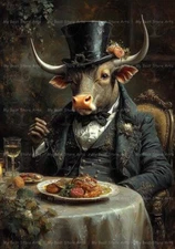 HIGHLAND COW ART PRINT, Victorian Bull Dinner Wall Decor, Animal Poster F815