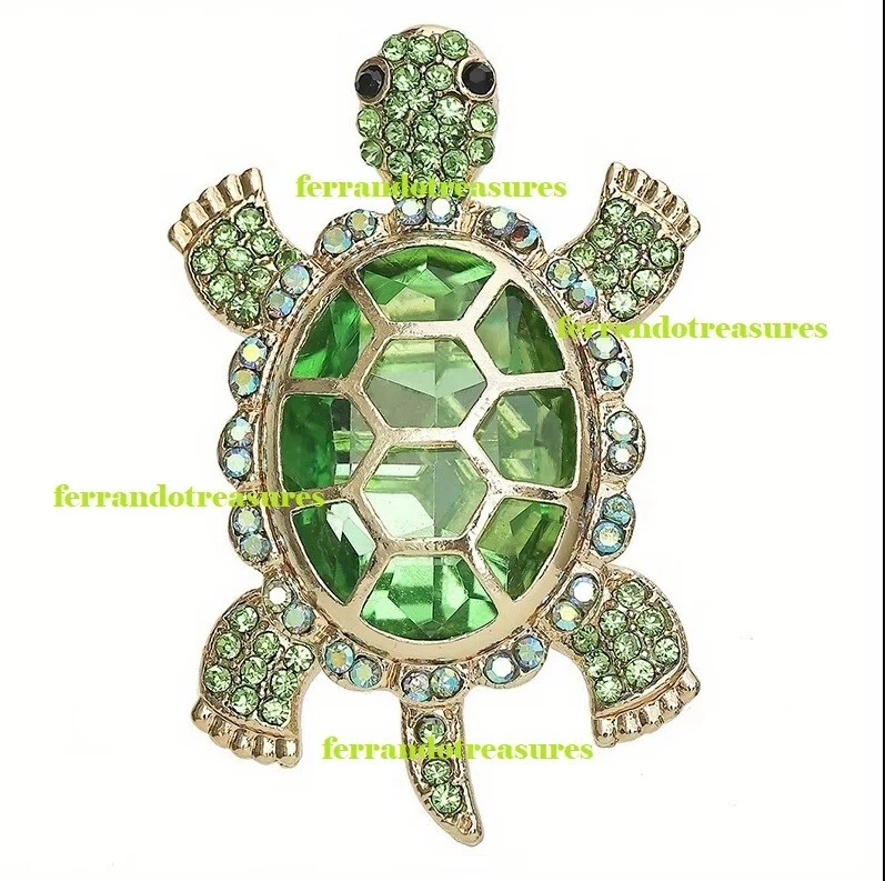 Tortuga con Grande Cristal Verde Estrás 2025 Broche Prendedor Tela Bolso Dorado VIDEO Foto 2 de 4