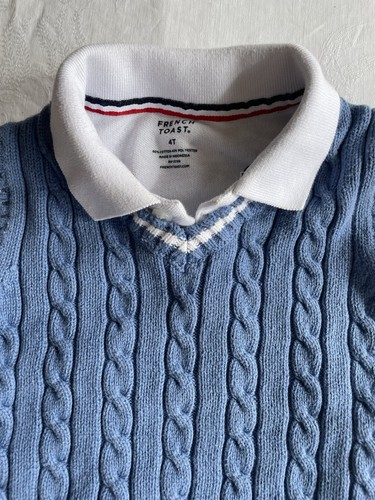 Gymboree Boys Cable Knit Sweater Vest + Collared Shirt Size 4 Blue White Trim - Picture 2 of 5
