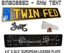 European License Plate Kit,  ANY TEXT, EMBOSSED, German BLACK MATTE, YELLOW TEXT
