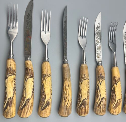 Vintage Anton Wingen Jr. Soligen-Germany Rostfrei Stag Knife & Fork Set of 12 - Picture 2 of 11