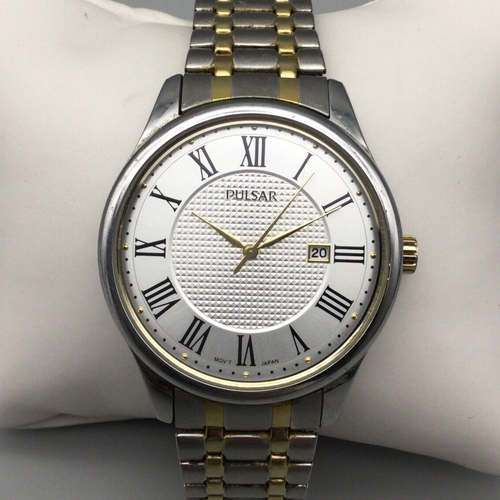 Pulsar Watch Men Silver Gold Tone PC32X068 Date Stretch Band New