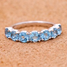 Real Prong Set Blue Topaz Half Eternity Band Ring, 925 Silver Gemstone Band Ring