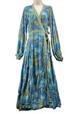 Nine Lives Bazaar Allure Maxi Wrap Dress Size 10 Blue Floral Boho Long Sleeve