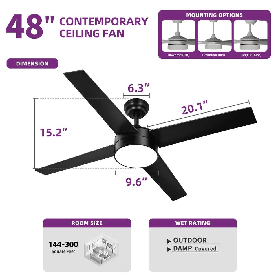 48'' Black Ceiling Fan with LED Lights and Remote Control 4 Blades Bedroom Fan - Image 2 of 4