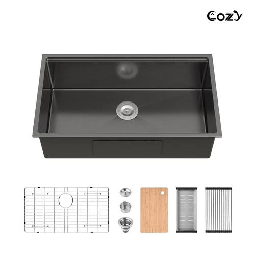 Cozy undermount stainless steel black sink 33x19x10 inch with accessory