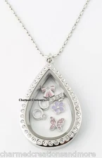Large Teardrop CZ Silver Floating Charm Memory Locket Necklace & 28" Long Chain