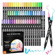 Pastel Brush Pens, 56 Pastel Colouring Pens, Dual Tip Brush Markers with Fine...