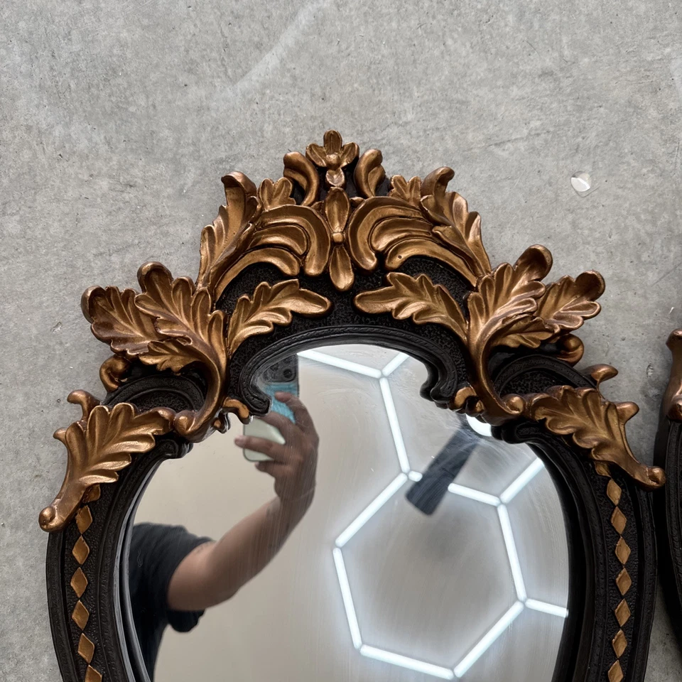 🔥 Set of 2 Ornate Gold Black Wall Mirrors w/ Shelf 22”x16” Vintage Heavy Luxe - Image 2 of 4