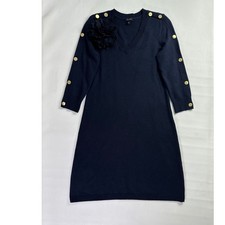 Talbots Sz S Navy Blue V Neck Sweater Dress Gold Button Detail Flower Accent