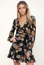Lulus Love Abound Black Floral Print Long Sleeve Ruffled Mini Dress (501)