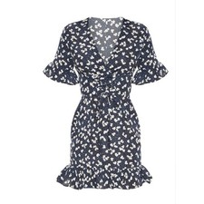 PrettyLittleThing Dress Womens 4 Blue Ditsy Floral Mini Ruffle Summer Boho