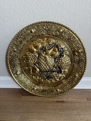 Vintage Brass Decorative Wall Hanging Plate Fruit Design Pineapple Grapes Pears