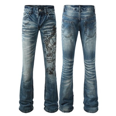 New Pop Mens Pants Boot Cut Style Casual Flares Bell-Bottoms Slim Blue Jeans 212
