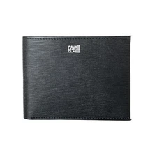 Cavalli Class Men's Black Logo Print Textured Leather Bifold Wallet
