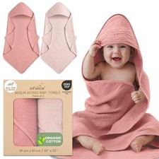 100 Organic Cotton Muslin Baby Hooded Towels 32x32 Inch   2 Pack Soft  Abso...