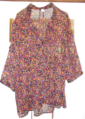 Torrid Womens Top Multicolored Floral Hi-Lo Tunic Top Sheer 2X 2 Pintucked Tie W