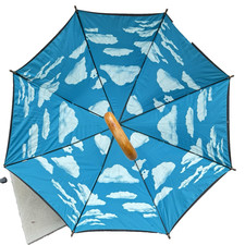 VTG MOMA 80s 90s Sky Cloud Canopy Umbrella Wood Handle Cane Blue Black Oldschool