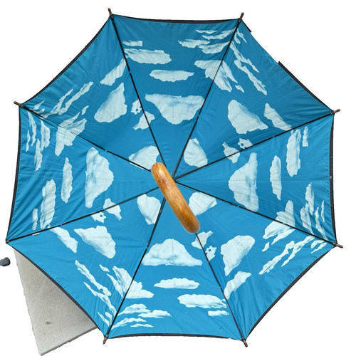 VTG MOMA 80s 90s Sky Cloud Canopy Umbrella Wood Handle Cane Blue Black Oldschool