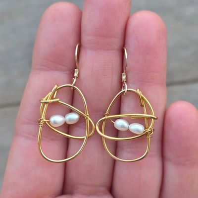Vintage Just Janthia 9ct gold Hand Made Real Pearl Drop Earrings