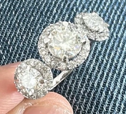 VVS1 Moissanite 3-Stone Halo Ring 925 Silver Passes Diamond Tester Size 7 NEW