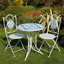 White Mosaic Bistro Set 3 Piece Outdoor Garden Patio Table and Chairs Blue