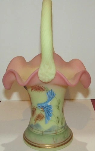 1999 Fenton Bluebird  Hand Painted Art Glass Basket Signature Series