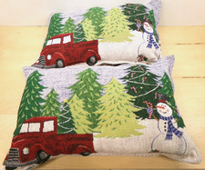 Christmas Holiday Tapestry Pillows 12 x 18 Snowman Pick Up Truck Christmas Trees