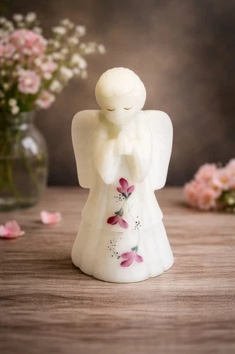 Fenton Praying Angel Figure Satin Glass Purple Flowers 6" Hand Signed By Artist