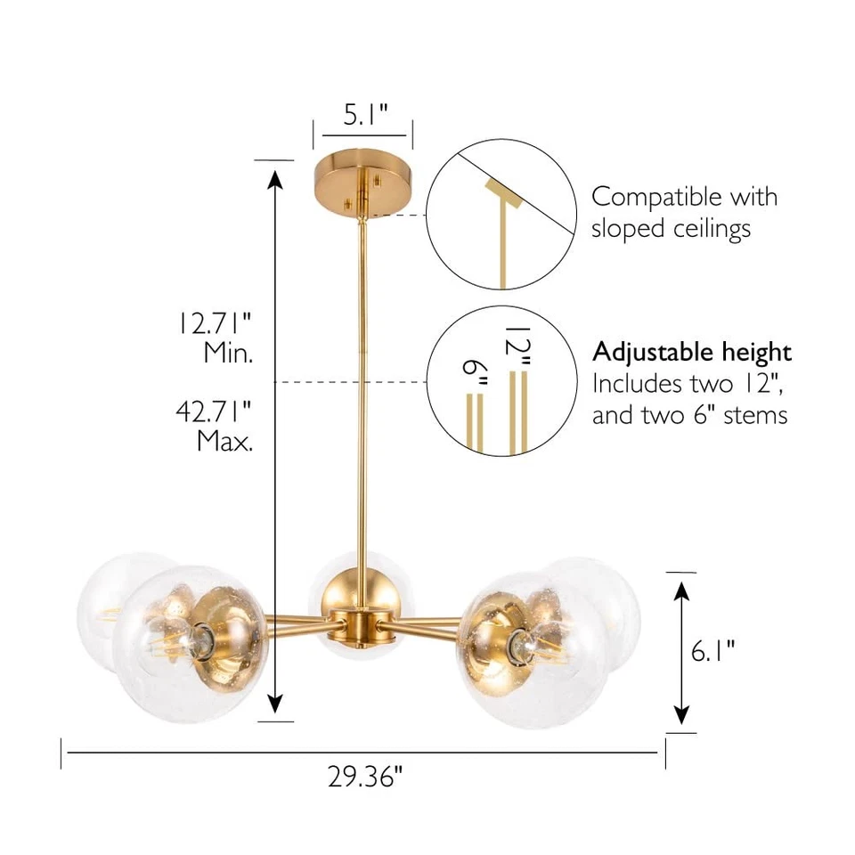 588772-SG Gracelyn Lámpara de araña moderna regulable de 5 luces para interiores con semilla transparente Foto 3 de 4